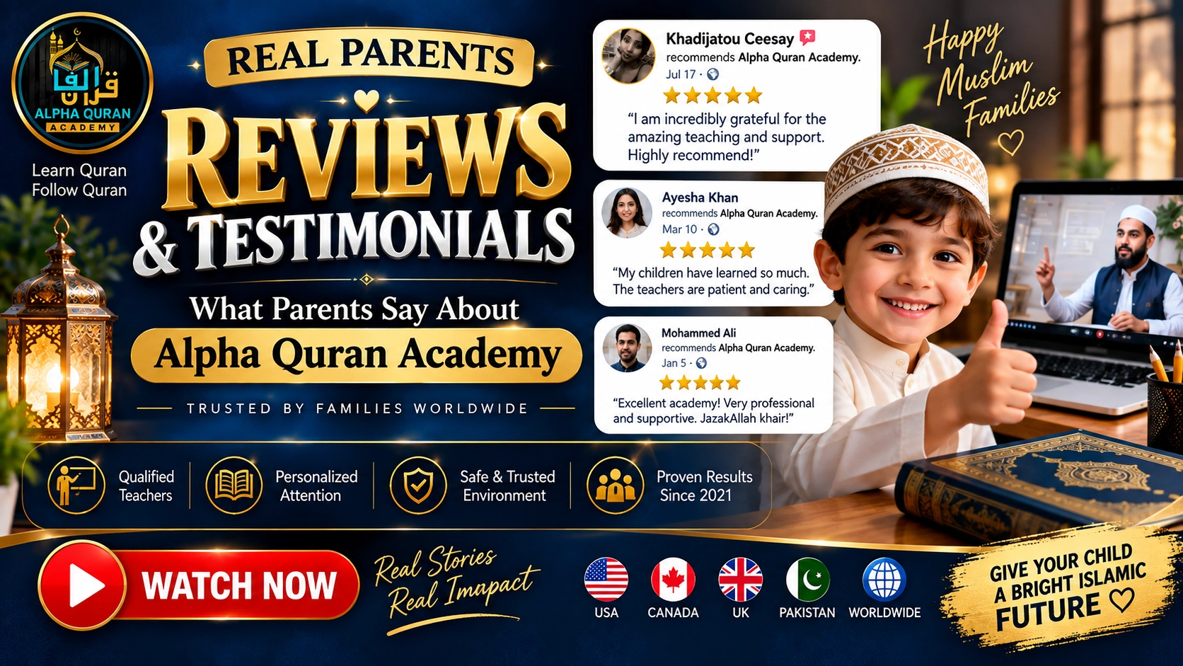Alpha Quran Academy parent reviews and testimonials from families worldwide for online Quran classes